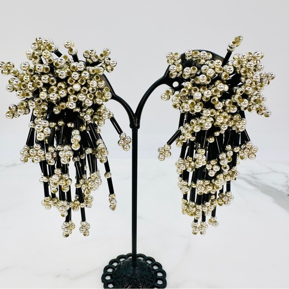 Vintage 80s Firecracker Clip On Earrings Runway Statement Dangle Black Silver - Picture 1 of 8